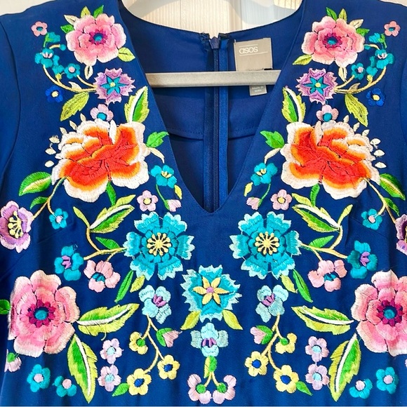 ASOS Embroidered Pleated Dress in Navy Blue - Picture 5 of 7